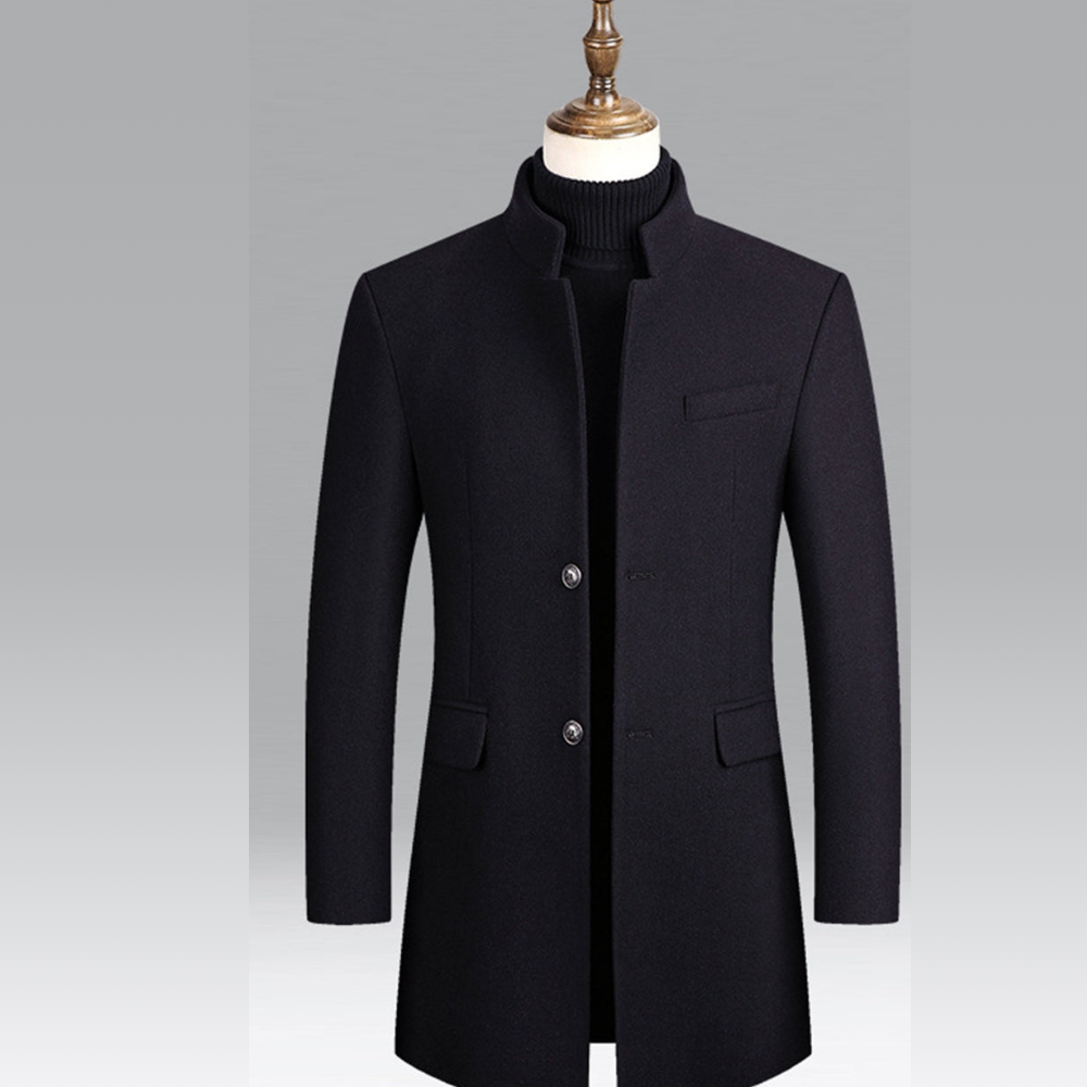 Men’s Mandarin Collar Wool Coat – Elegant Long Overcoat
