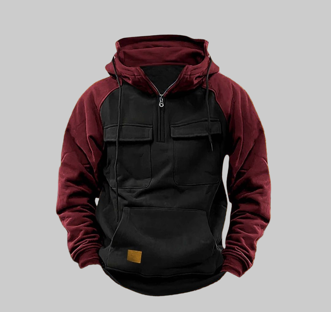 Men’s Two-Tone Outdoor Pullover Hoodie – Warm Half-Zip Streetwear Sweatshirt