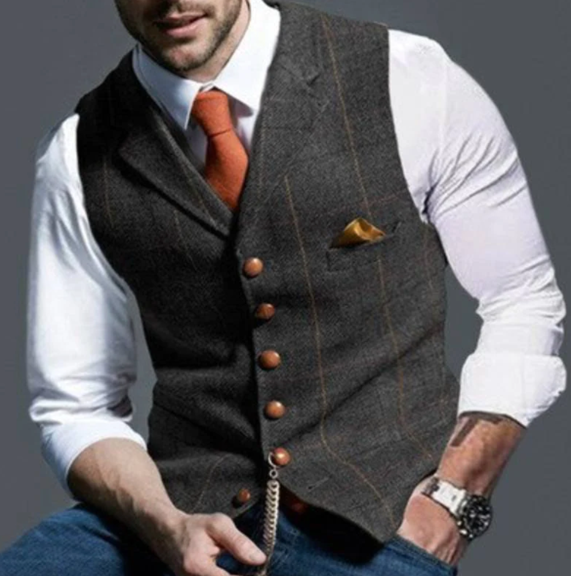 Men’s Classic Tailored Vest – Textured Blue Waistcoat with Button Detailing