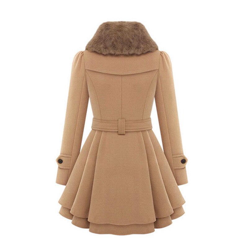 Women’s Double-Breasted Wool Blend Coat with Faux Fur Collar