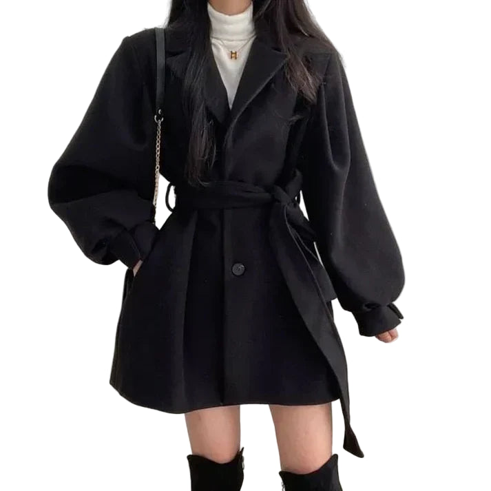 Women’s Short Wool Blend Coat with Puff Sleeves and Belt