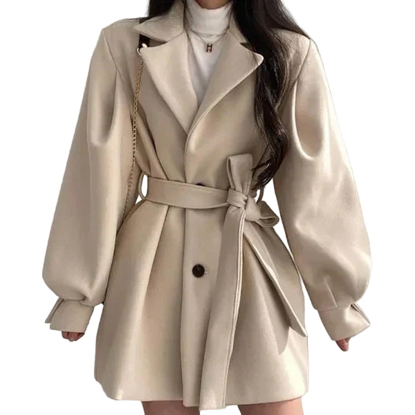 Women’s Short Wool Blend Coat with Puff Sleeves and Belt