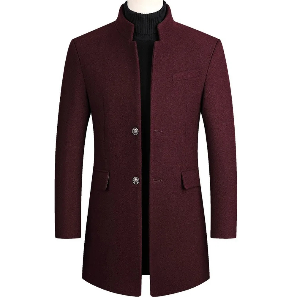 Men’s Mandarin Collar Wool Coat – Elegant Long Overcoat