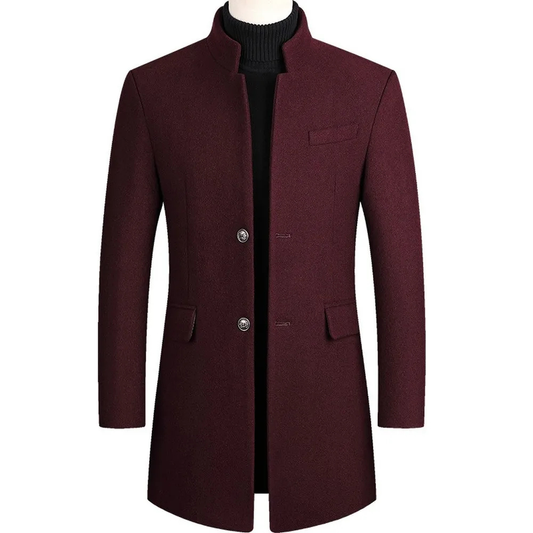 Men’s Mandarin Collar Wool Coat – Elegant Long Overcoat