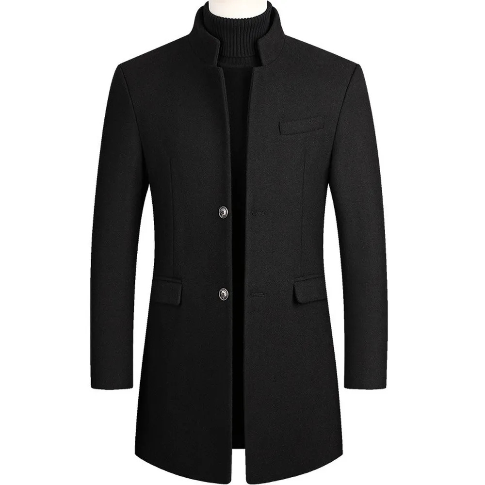 Men’s Mandarin Collar Wool Coat – Elegant Long Overcoat