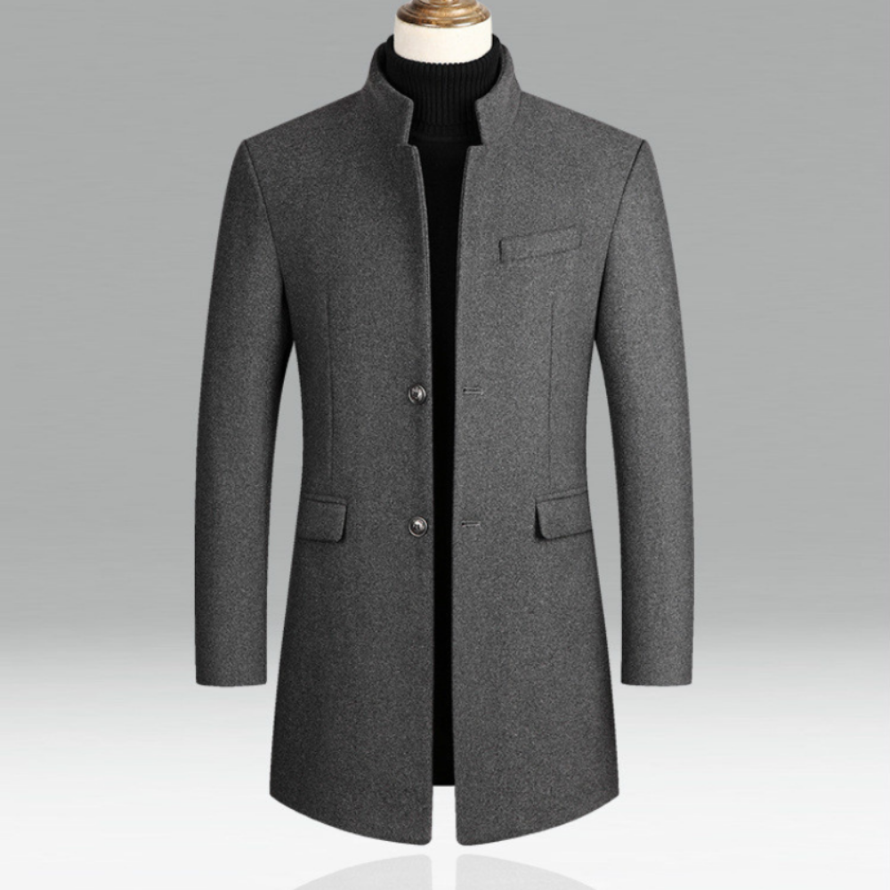 Men’s Mandarin Collar Wool Coat – Elegant Long Overcoat