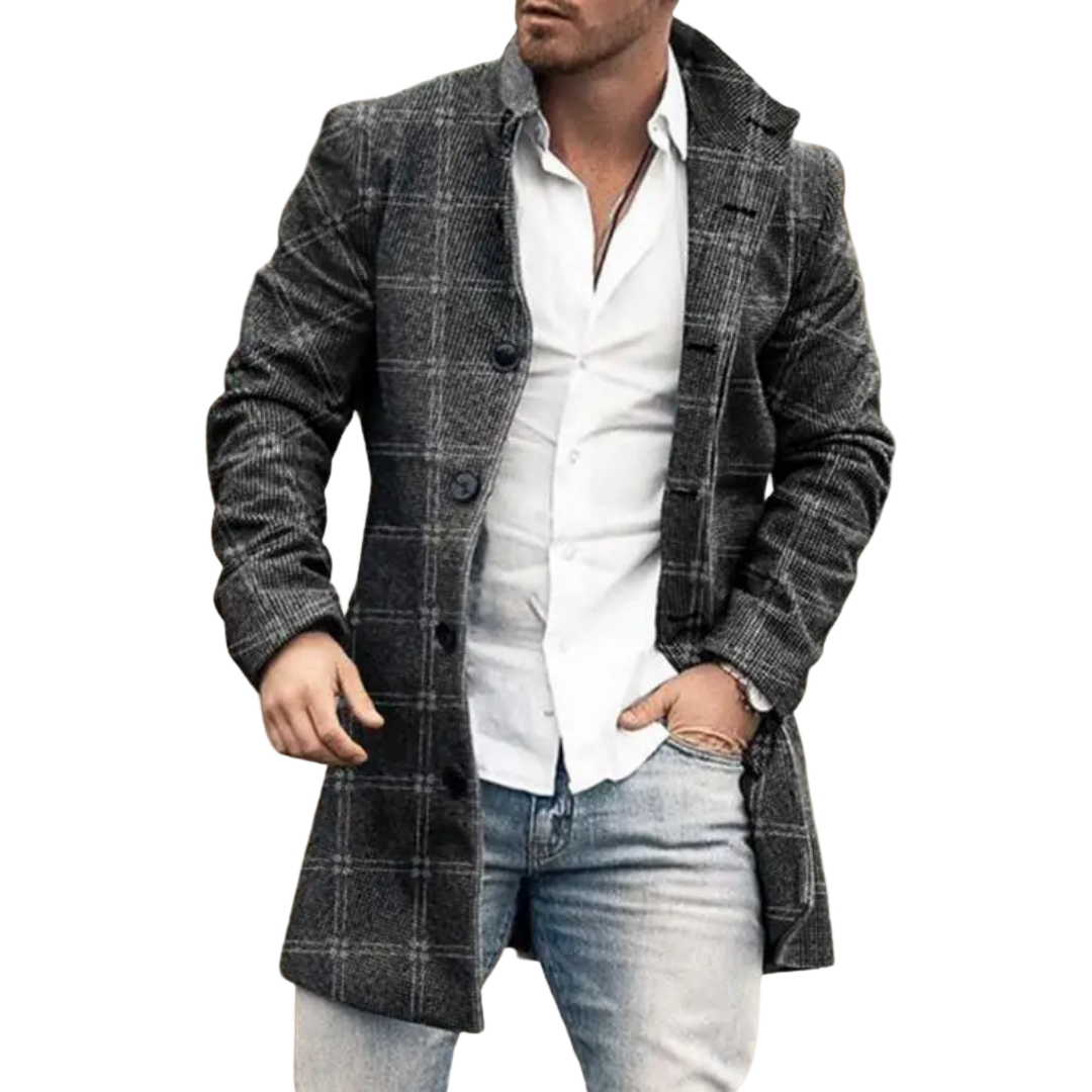 Men’s Checkered Wool Blend Coat – Classic Long Overcoat with Button Closure