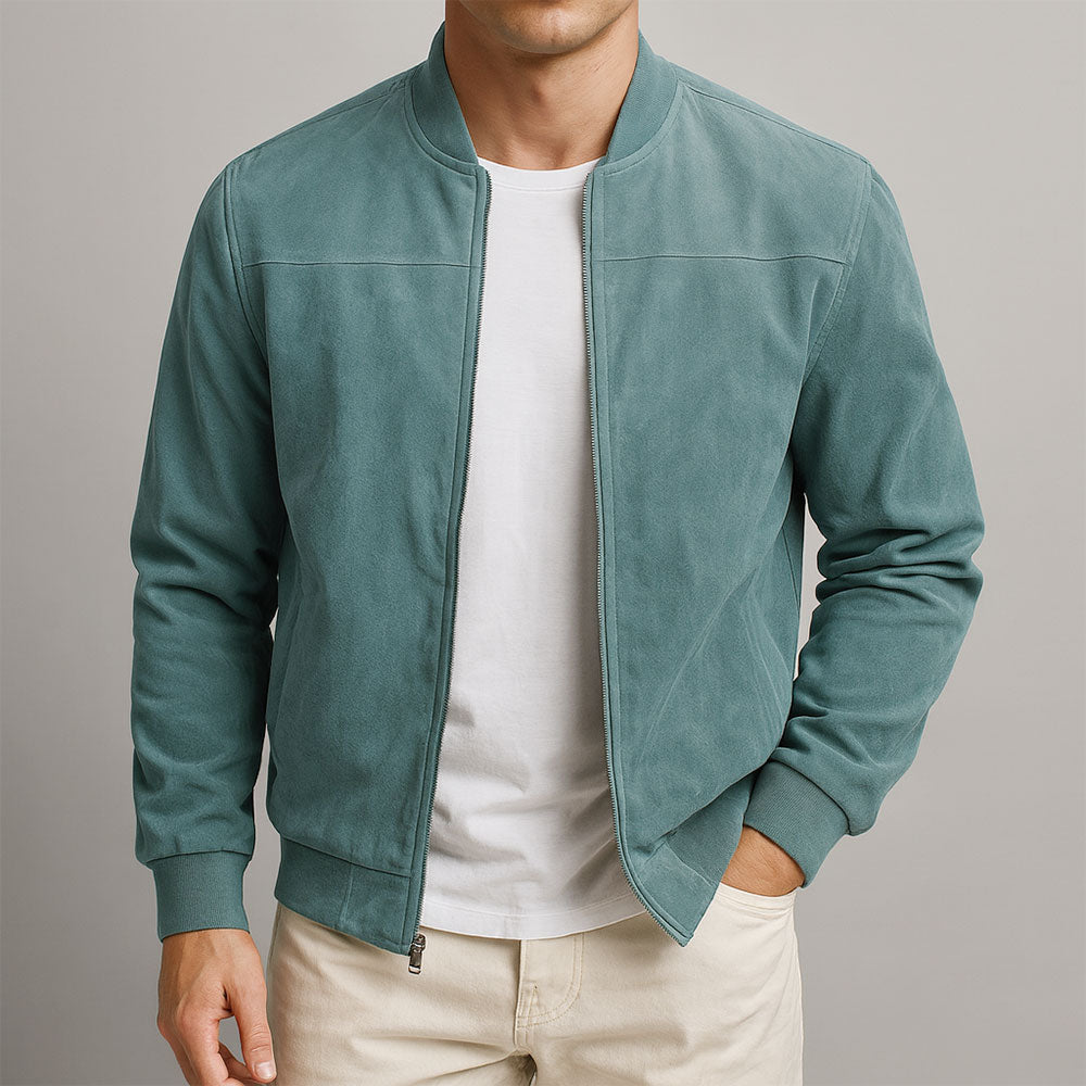 Men’s Classic Suede Bomber Jacket – Soft Zip-Up Casual Fall Coat