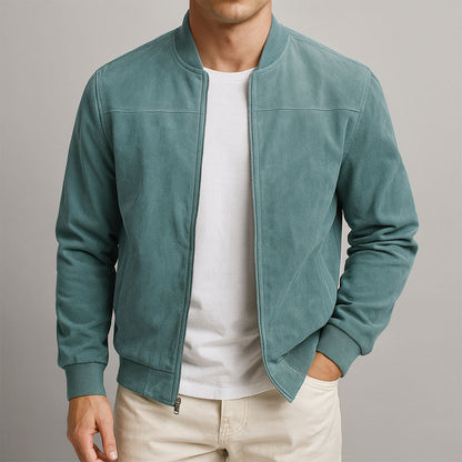 Men’s Classic Suede Bomber Jacket – Soft Zip-Up Casual Fall Coat