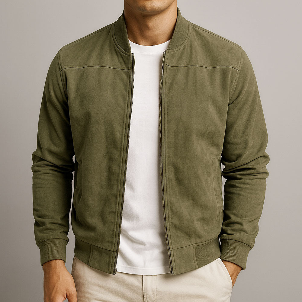 Men’s Classic Suede Bomber Jacket – Soft Zip-Up Casual Fall Coat