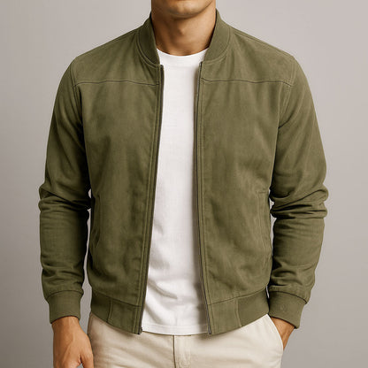 Men’s Classic Suede Bomber Jacket – Soft Zip-Up Casual Fall Coat