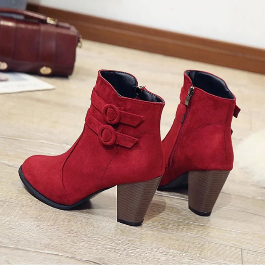 Women’s Suede Ankle Boots – Block Heel with Buckle Strap