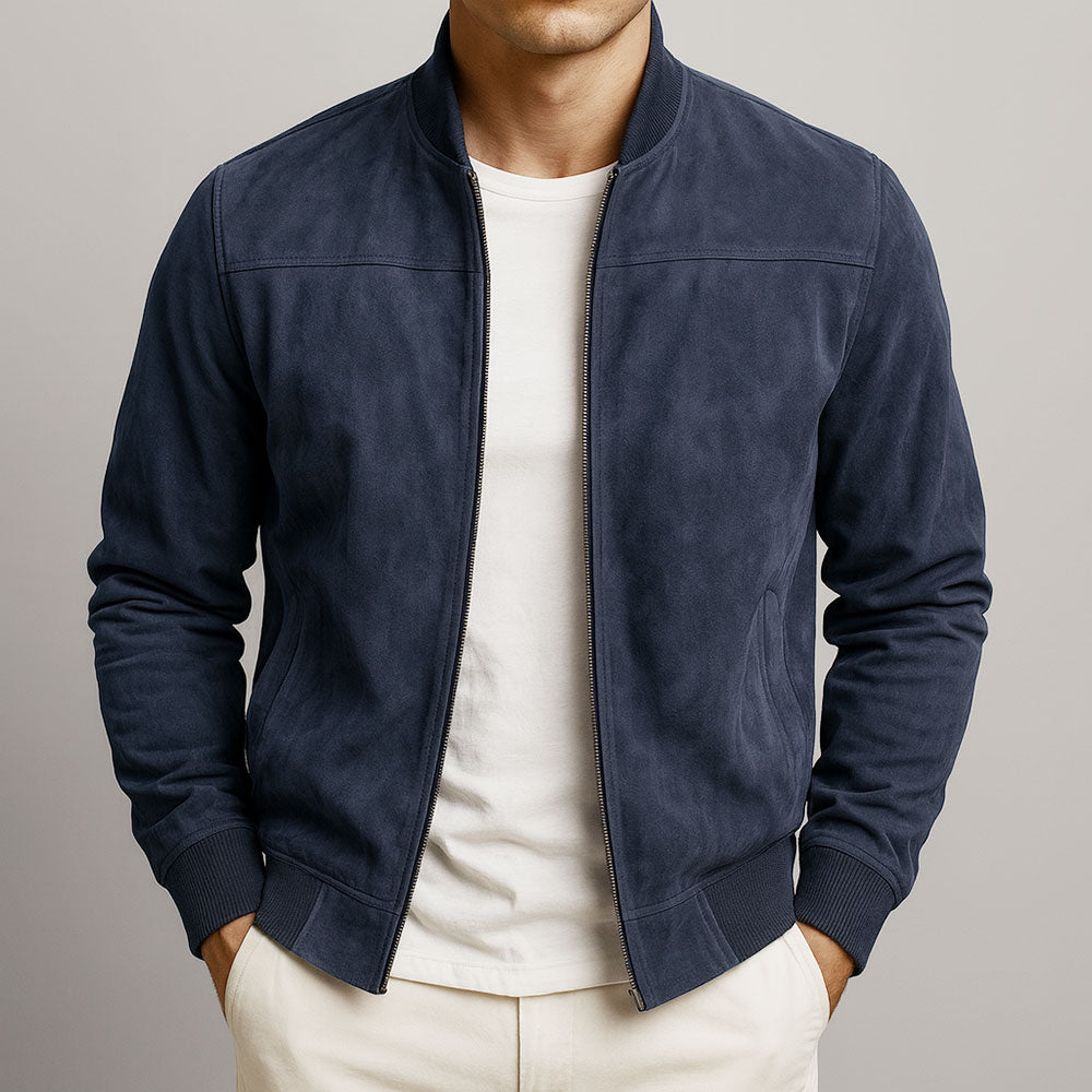 Men’s Classic Suede Bomber Jacket – Soft Zip-Up Casual Fall Coat
