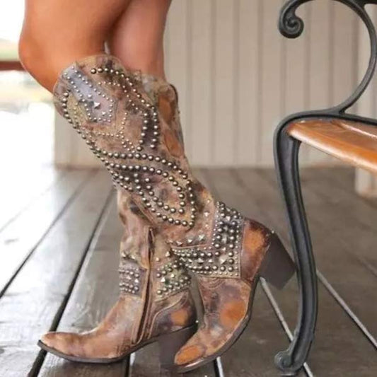 Women’s Knee High Cowboy Boots Studded Western Style