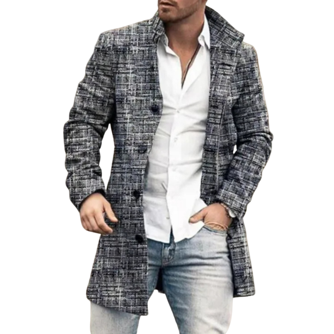Men’s Checkered Wool Blend Coat – Classic Long Overcoat with Button Closure