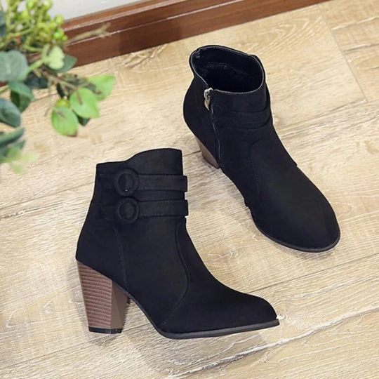Women’s Suede Ankle Boots – Block Heel with Buckle Strap