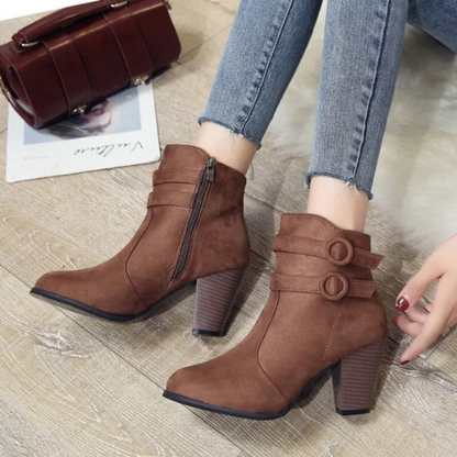 Women’s Suede Ankle Boots – Block Heel with Buckle Strap
