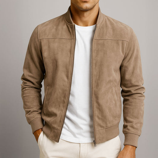 Men’s Classic Suede Bomber Jacket – Soft Zip-Up Casual Fall Coat