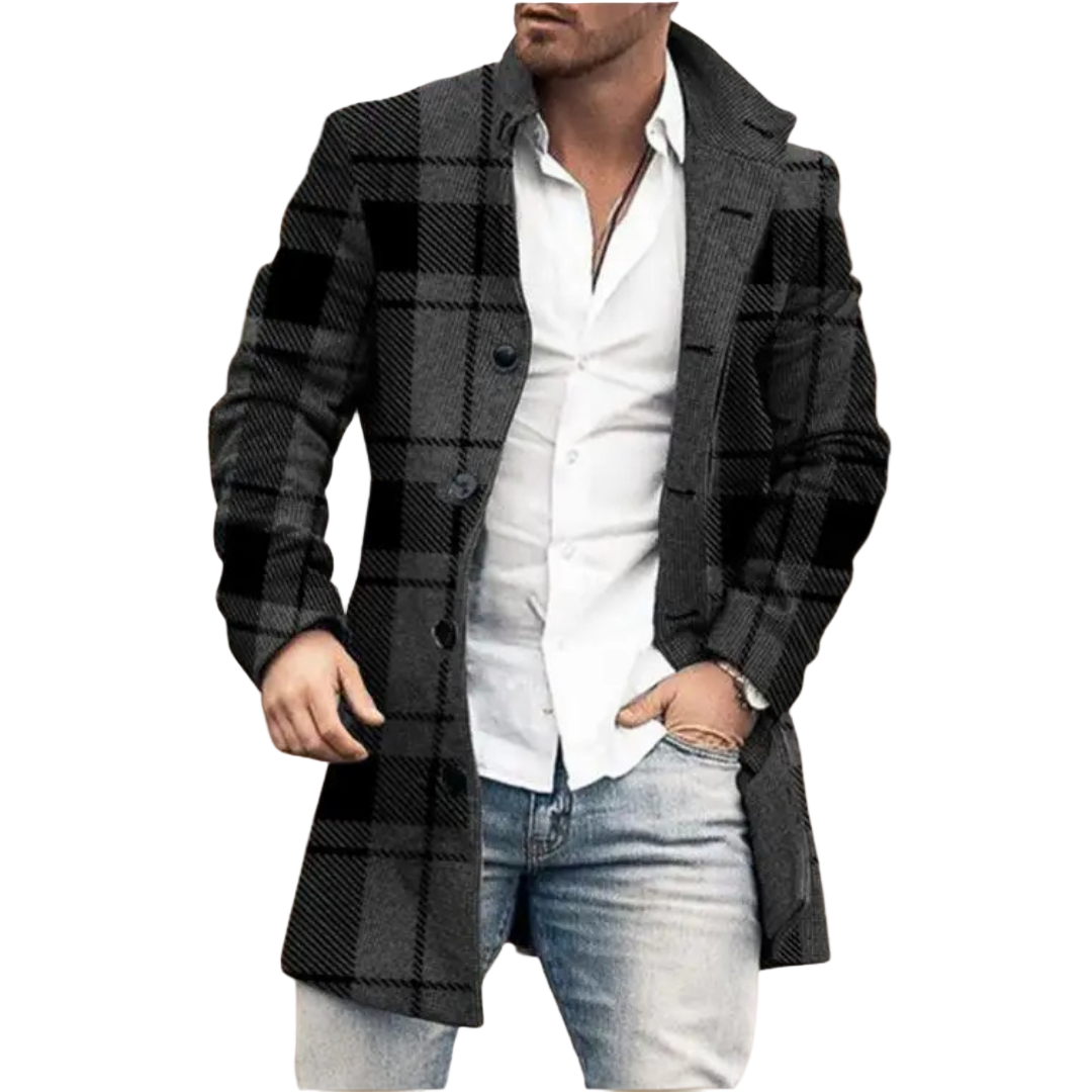 Men’s Checkered Wool Blend Coat – Classic Long Overcoat with Button Closure
