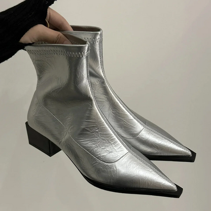 Women’s Metallic Ankle Boots – Pointed Toe with Block Heel
