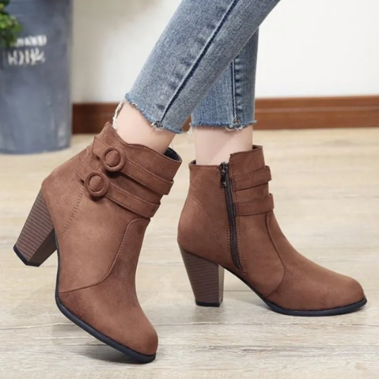 Women’s Suede Ankle Boots – Block Heel with Buckle Strap