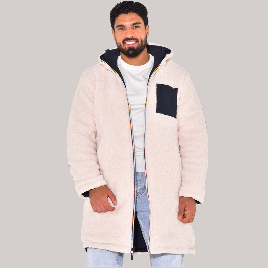Men’s Reversible Long Fleece Hooded Coat – Dual-Sided Sherpa Winter Jacket