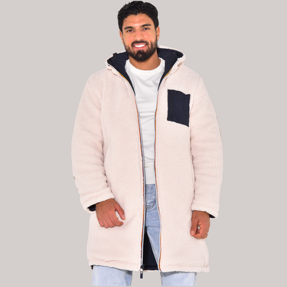 Men’s Reversible Long Fleece Hooded Coat – Dual-Sided Sherpa Winter Jacket