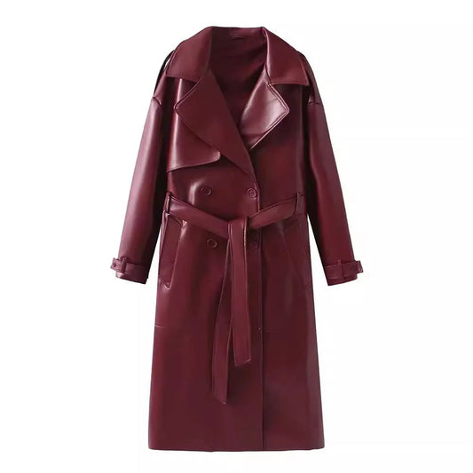 Women’s Long Faux Leather Trench Coat