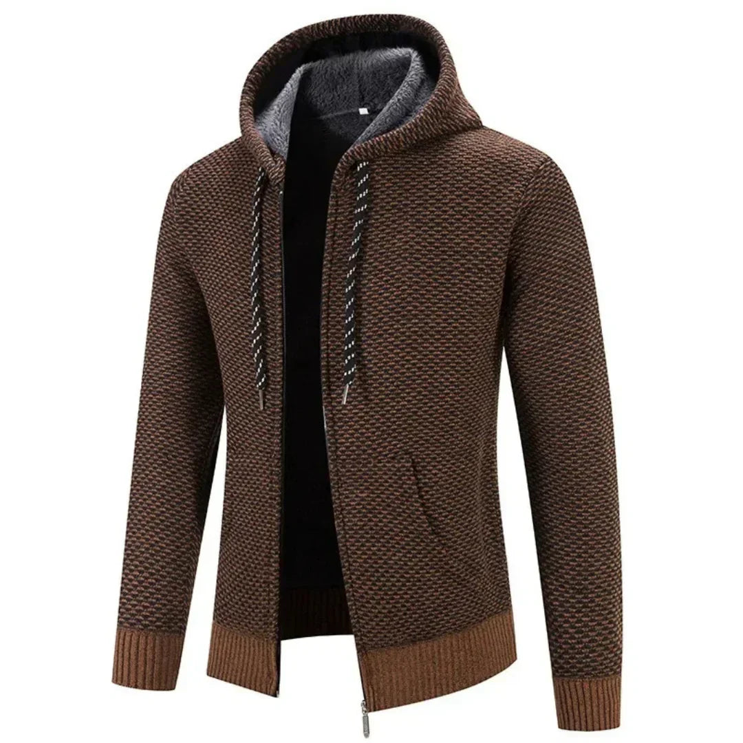 Men’s Fleece Lined Knitted Hooded Jacket – Warm Zip-Up Winter Hoodie