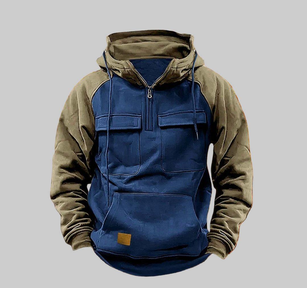 Men’s Two-Tone Outdoor Pullover Hoodie – Warm Half-Zip Streetwear Sweatshirt