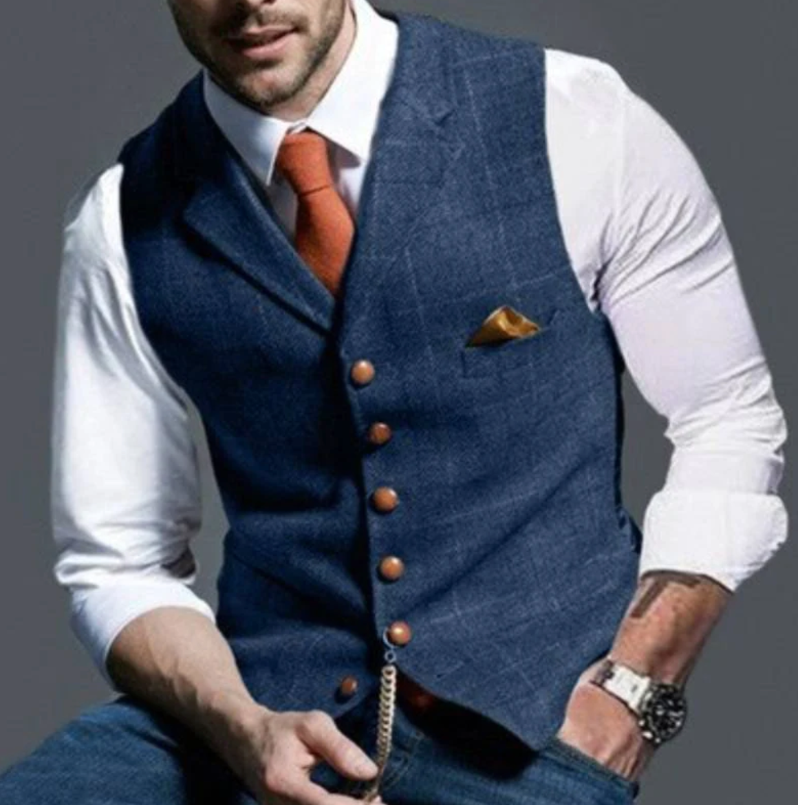 Men’s Classic Tailored Vest – Textured Blue Waistcoat with Button Detailing