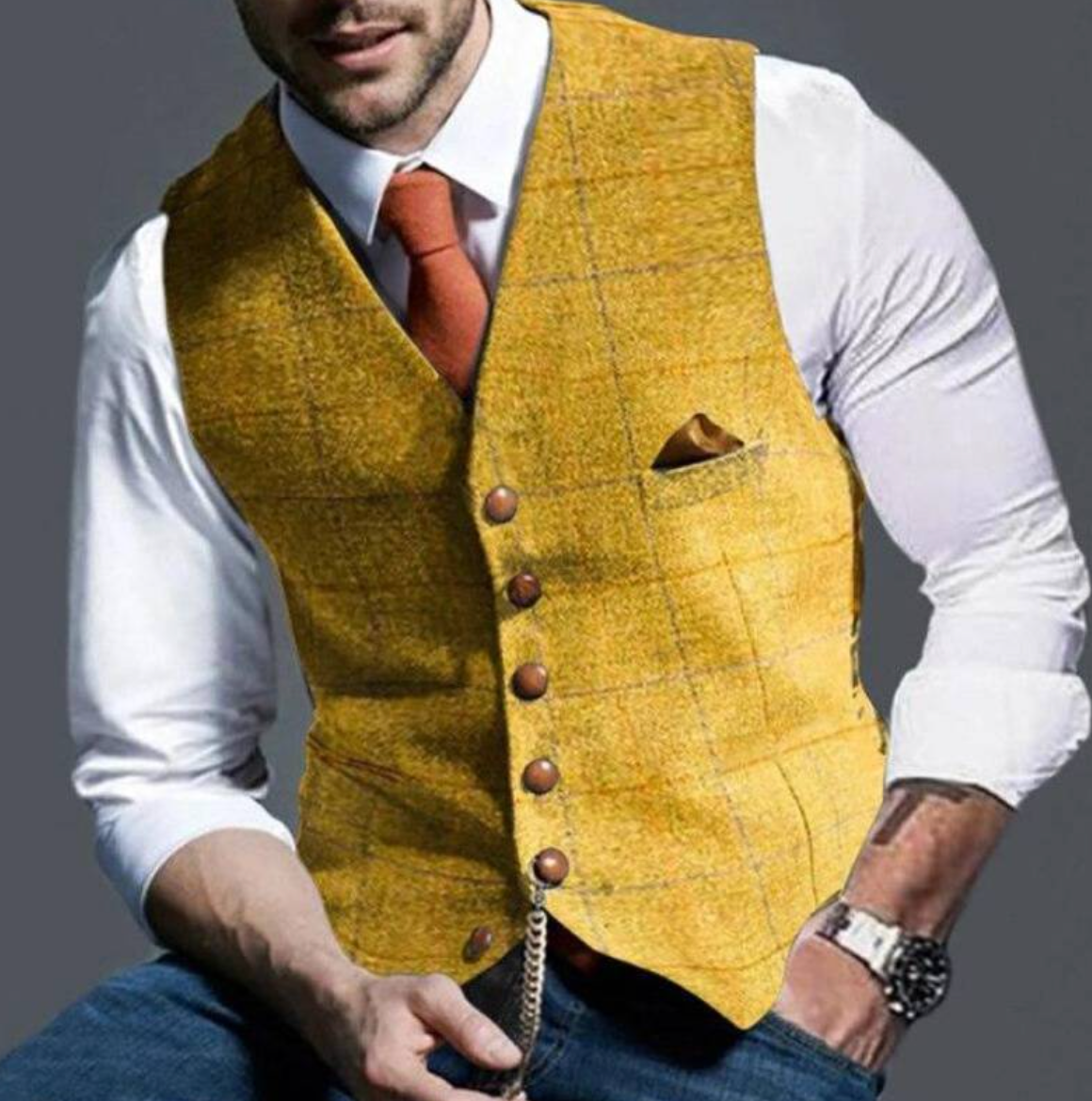Men’s Classic Tailored Vest – Textured Blue Waistcoat with Button Detailing