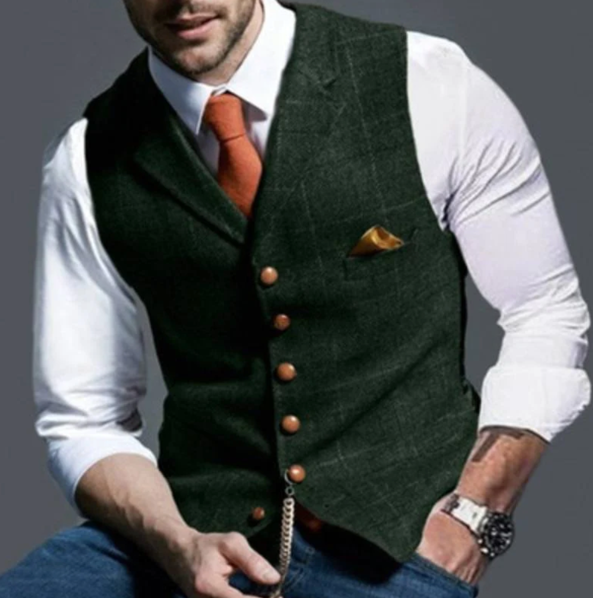 Men’s Classic Tailored Vest – Textured Blue Waistcoat with Button Detailing