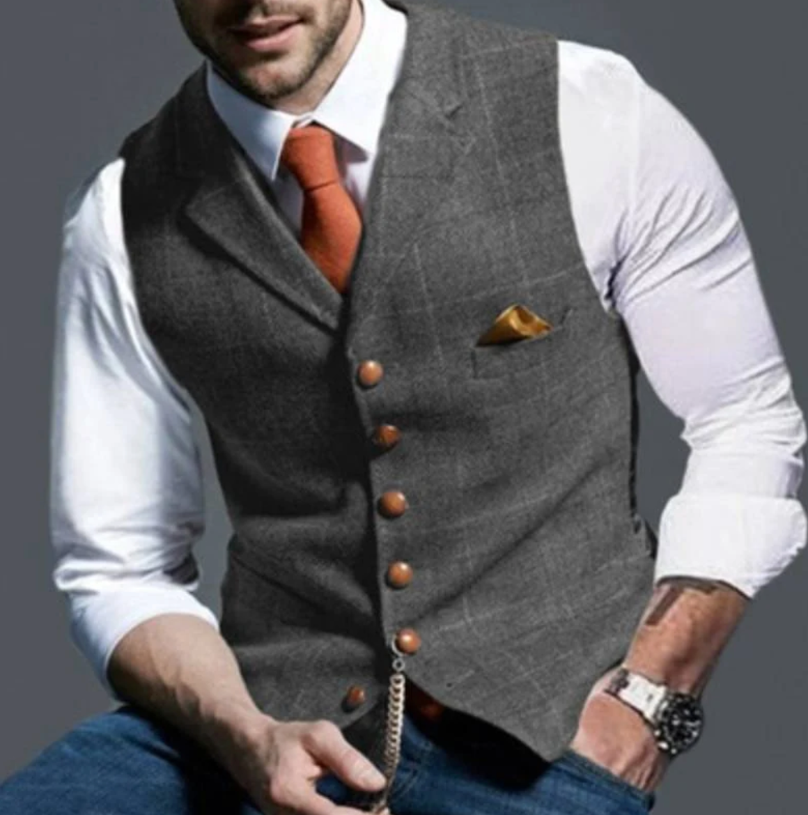 Men’s Classic Tailored Vest – Textured Blue Waistcoat with Button Detailing