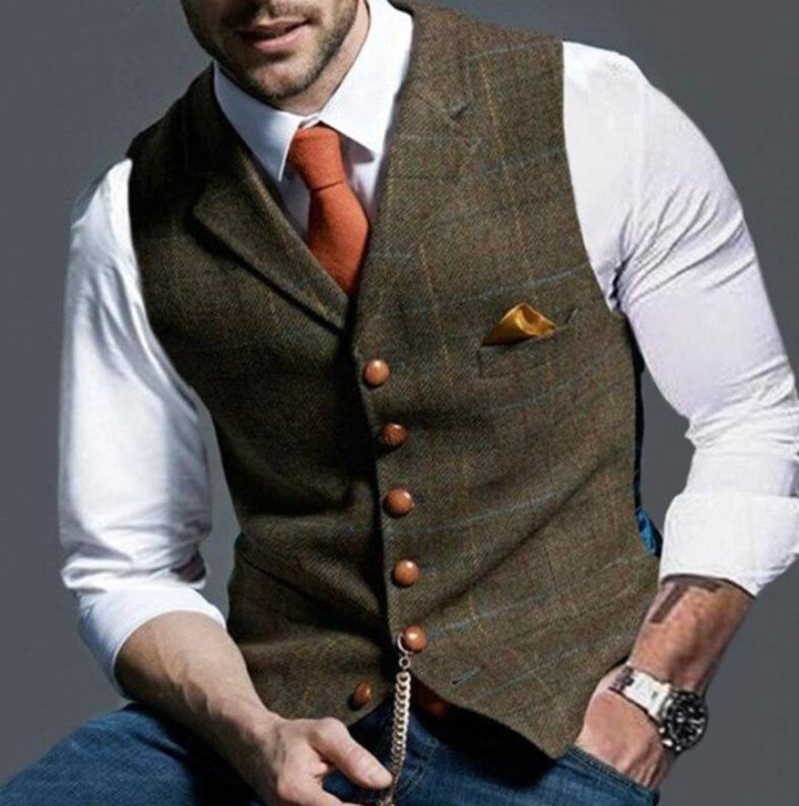 Men’s Classic Tailored Vest – Textured Blue Waistcoat with Button Detailing