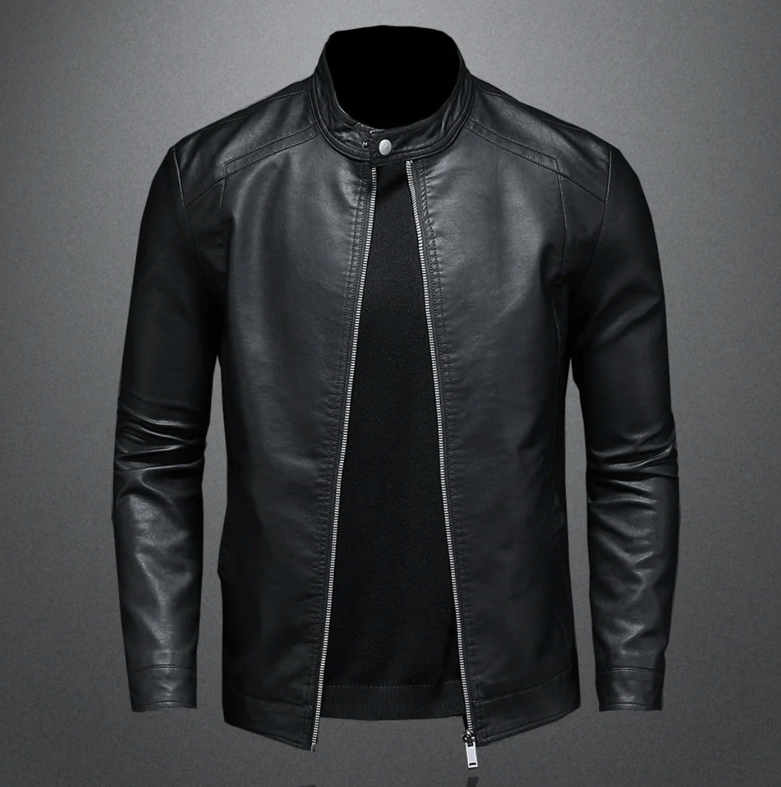 Men’s Classic Stand Collar Leather Jacket – Black Zip-Up Design
