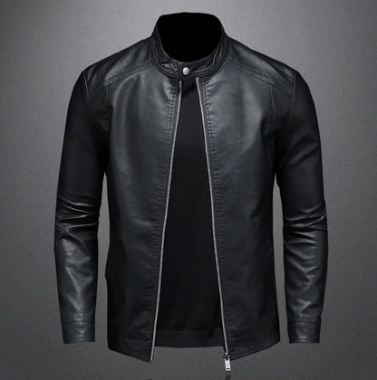 Men’s Classic Stand Collar Leather Jacket – Black Zip-Up Design