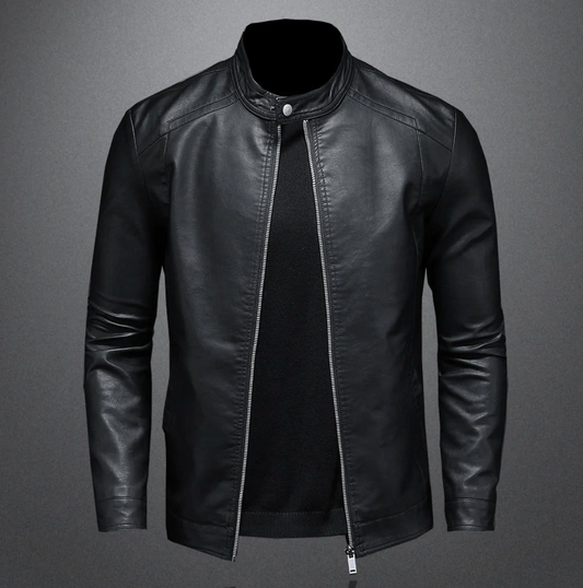 Men’s Classic Stand Collar Leather Jacket – Black Zip-Up Design