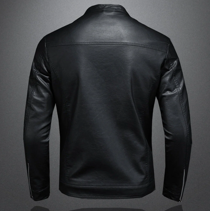 Men’s Classic Stand Collar Leather Jacket – Black Zip-Up Design
