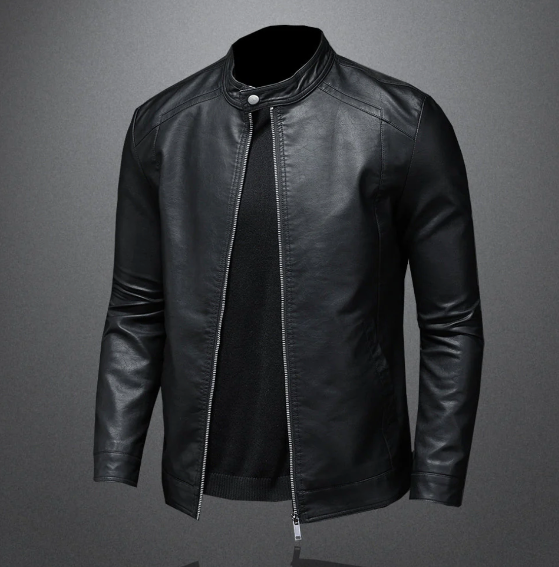 Men’s Classic Stand Collar Leather Jacket – Black Zip-Up Design