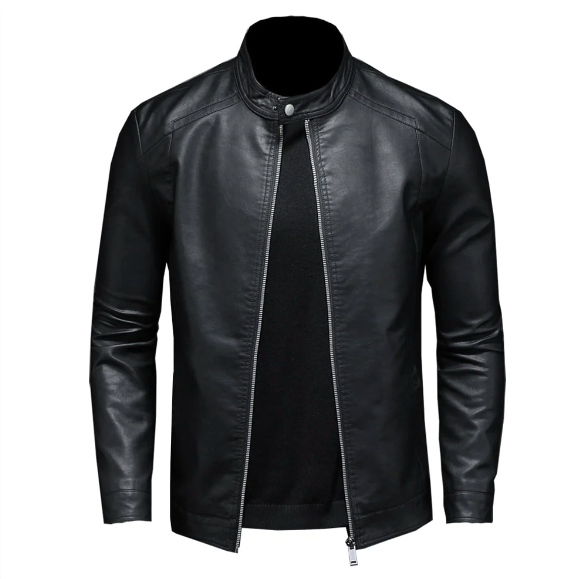 Men’s Classic Stand Collar Leather Jacket – Black Zip-Up Design