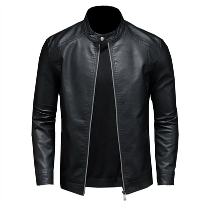 Men’s Classic Stand Collar Leather Jacket – Black Zip-Up Design