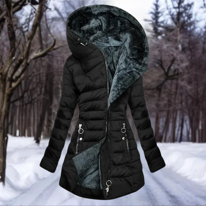 Women’s Quilted Plush-Lined Parka Coat – Warm Winter Hooded Jacket