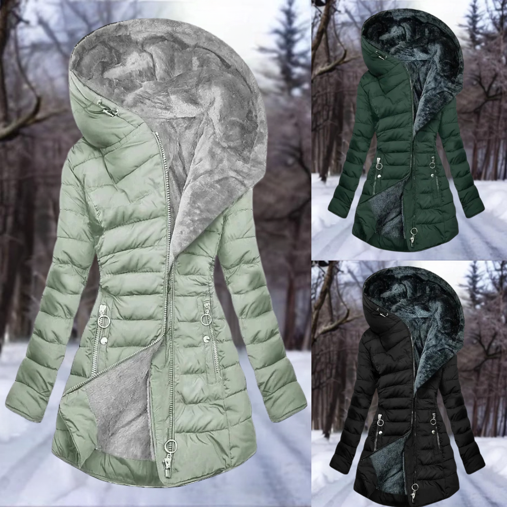 Women’s Quilted Plush-Lined Parka Coat – Warm Winter Hooded Jacket