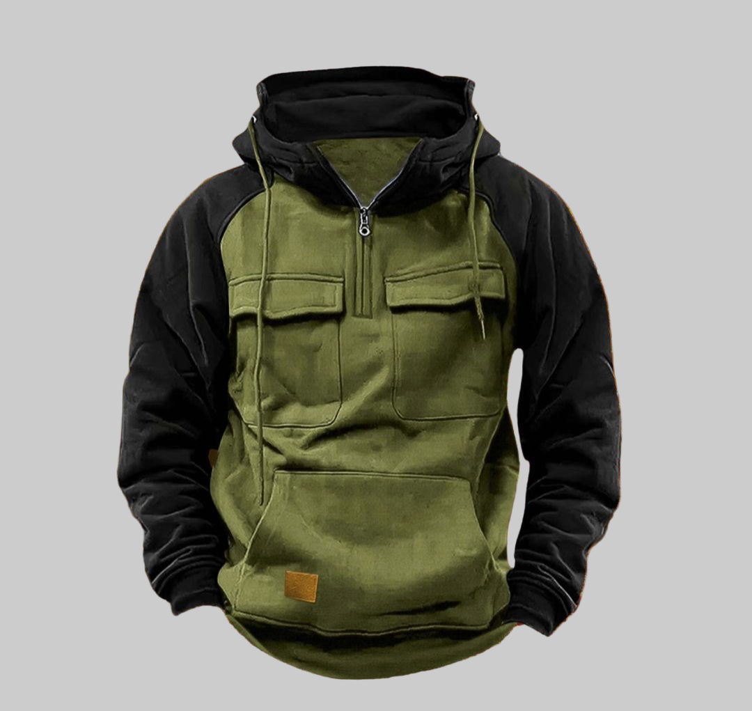 Men’s Two-Tone Outdoor Pullover Hoodie – Warm Half-Zip Streetwear Sweatshirt