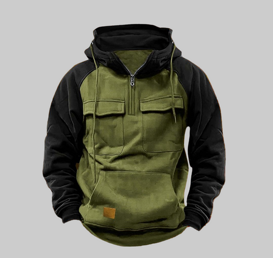 Men’s Two-Tone Outdoor Pullover Hoodie – Warm Half-Zip Streetwear Sweatshirt