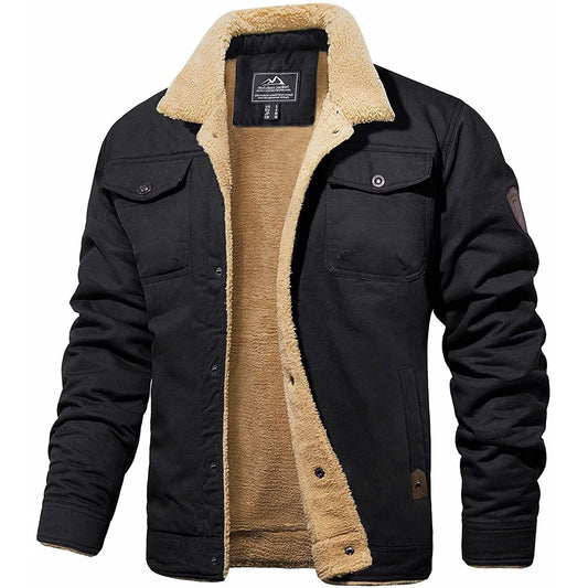 Men’s Sherpa-Lined Canvas Jacket – Black with Warm Fleece Interior