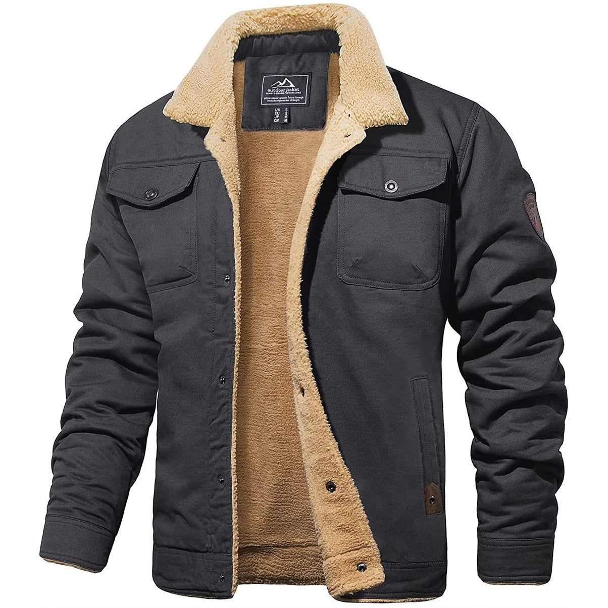 Men’s Sherpa-Lined Canvas Jacket – Black with Warm Fleece Interior