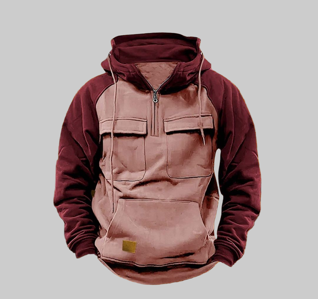 Men’s Two-Tone Outdoor Pullover Hoodie – Warm Half-Zip Streetwear Sweatshirt