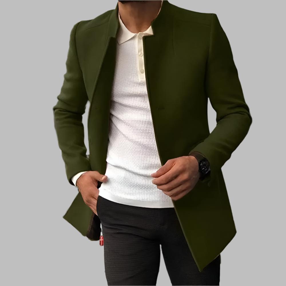 Men’s Modern Stand Collar Coat – Olive Green Longline Jacket